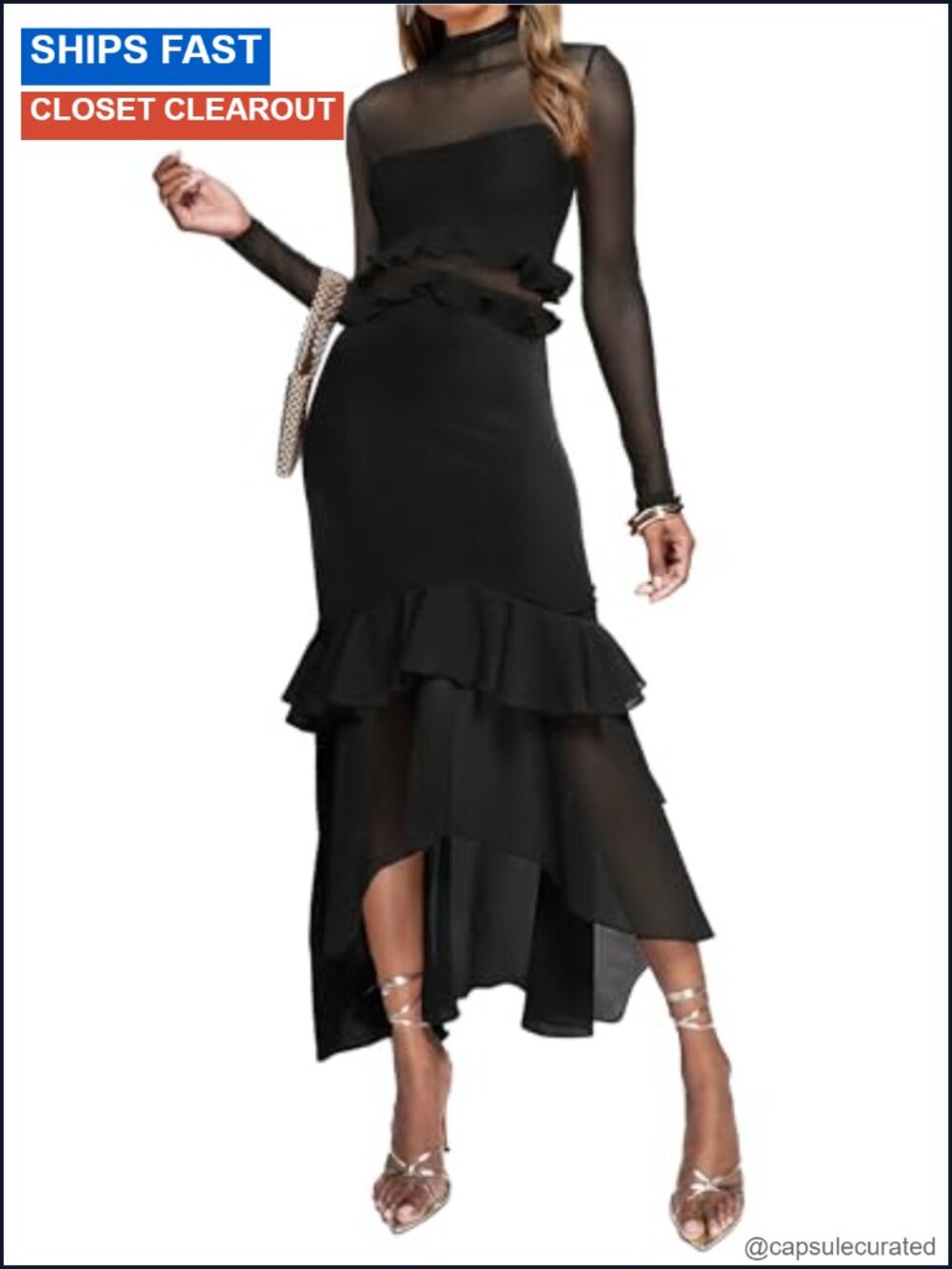 Elegant Bodycon Maxi Dress Mock Neck Long Sleeve Ruffle Mesh Party Cocktail